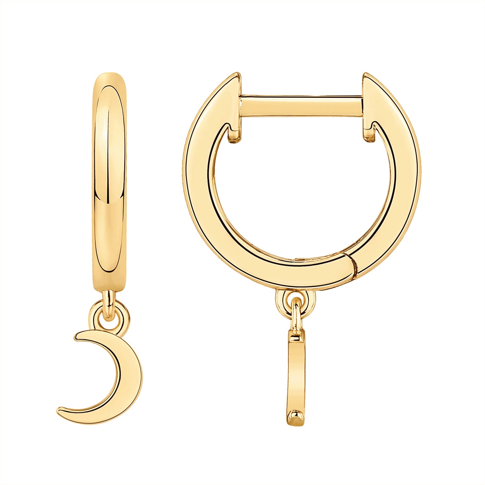 PAVOI 18K Yellow Gold Vermeil 925 Sterling Silver Celestial Dangle Huggie Hoop Earrings For Women - Trendy Moon Open Hoop Earrings - Small Hinged Hammered Huggies Image