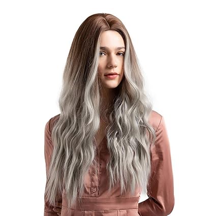 Clearance Long Wavy Ombre Grey Wigs For Black Women Middle Part