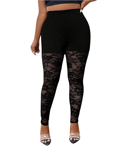 Women's Vintage Sexy Lace Leggings High Waist Mesh Panel Side