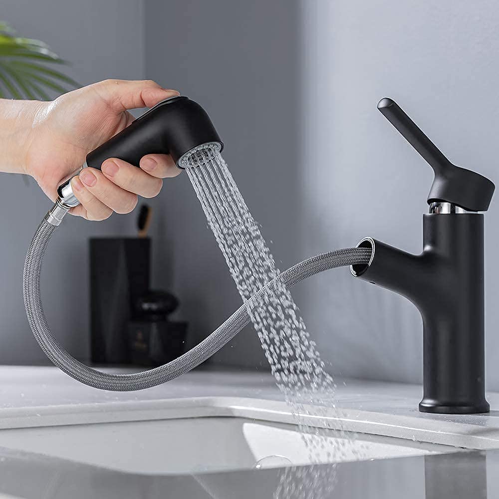 ONECE Basin Tap with Extendable Shower, 2 Choice of Flow Modes, Bathroom Mixer Tap Made of 100% Durable Brass Black Faucet for Washbasin, Removable Aerator, Ceramic Valve