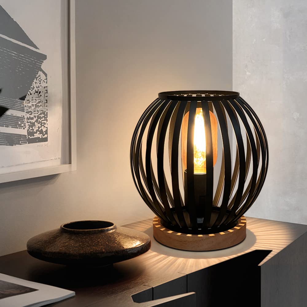 HHMTAKA Metal Cage LED Bedside Table Lamp Wooden Base Desk Lamp 19cm High Decorative Bedside Lamp with Edison Bulb for Bedroom Living Room Guest Room Weddings Parties Patio(Circle Shape)