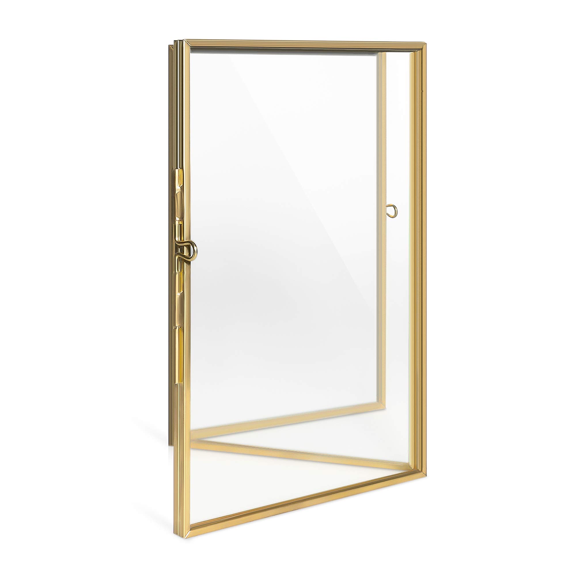 Navaris Folding Triple Photo Frame - Fits 15x10cm Photos - Double-Sided Brass and Glass Picture Frame for Multiple Portrait Pictures - Size XS, Gold