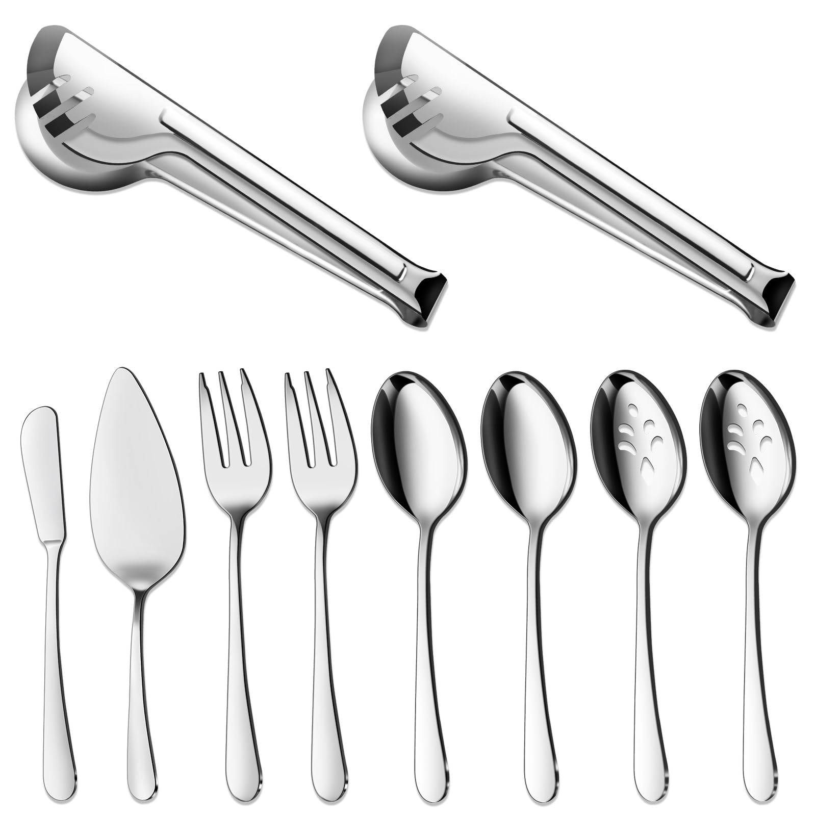 Photo 1 of (SLIGHT RUSTY) BEWOS 10-Piece Large Serving Set - Spoons, Slotted Spoons, Tongs, Forks, Cake Server, Butter Knife - Stainless Steel Utensils for Parties, Dishwasher Safe