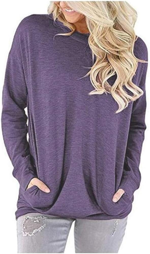 Fashio nnova Women's Long Sleeve Crew Neck Sweatshirt Solid Color Pullover Top with Pocket