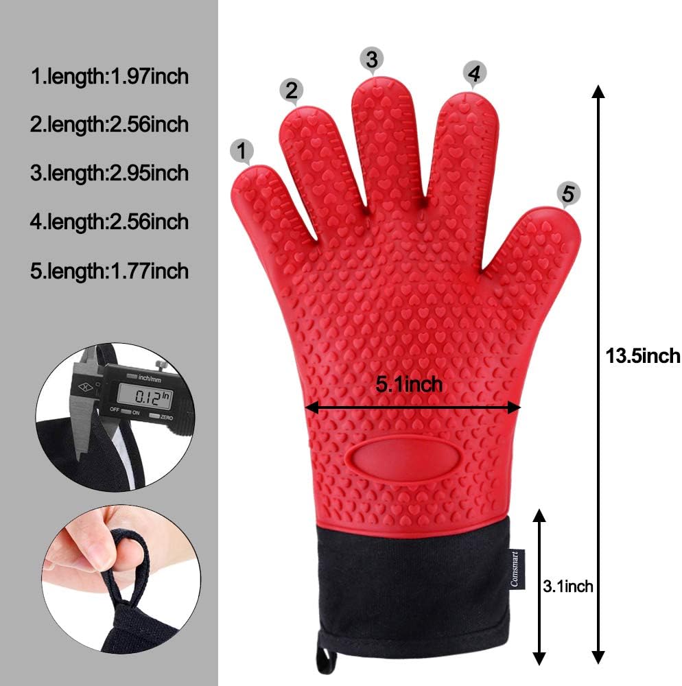 Oven Gloves, Heat Resistant Cooking Gloves Silicone Grilling Gloves Long Waterproof BBQ Kitchen Oven Mitts with Inner Cotton Layer for Barbecue, Cooking, Baking -Red: Home & Kitchen