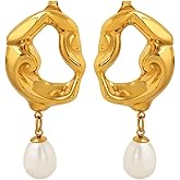 14K Gold Women's Dangle Pearl Earrings, Elegant Ladies Textured Freshwater Baroque Pearl Stud Earrings, Perfect Wedding and Mother's Day Gift, Fashion Noble Jewelry Earrings