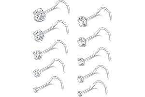Tornito 20G 10Pcs Stainless Steel L Screw Bone Shaped Nose Studs Rings Square Round CZ Nose Ring Labret Nose Piercing Jewelry for Men Women Silver Tone 1.5mm-2mm-2.5mm-3mm-3.5mm CZ