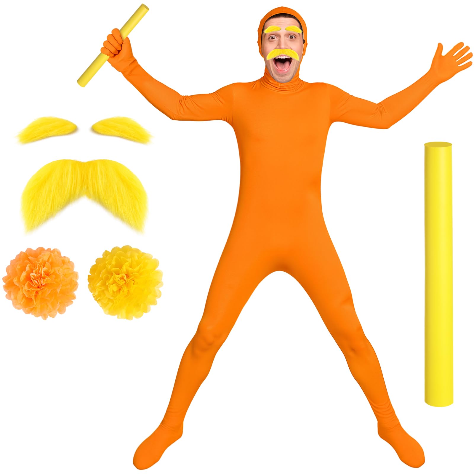 Photo 1 of Jeere Yellow Mustache and Eyebrow Fake Beard Show Your Face Halloween Bodysuits Costume Set with Paper Flowers and Baton Catch for Men and Women Cosplay