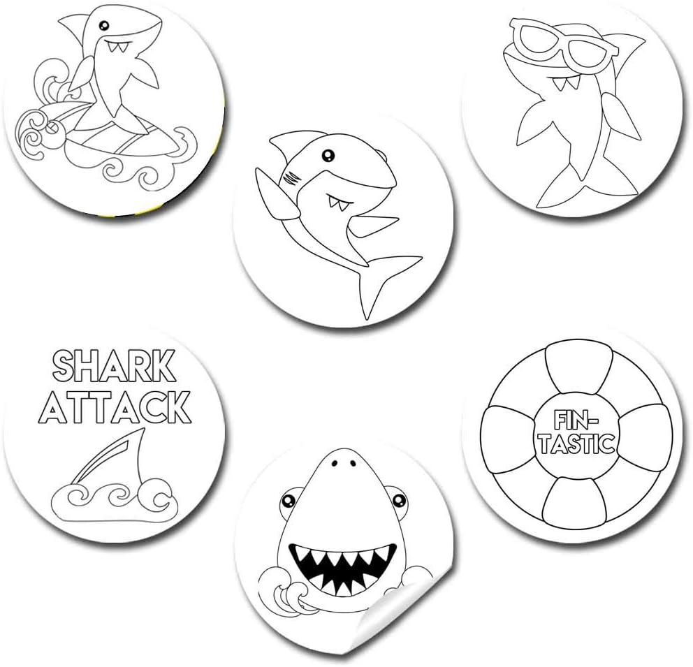 Color Your Own Silly Shark Themed Birthday Party Favor Sticker Labels for Kids, 90 1.5" Party Circle Stickers by AmandaCreation, Great for Arts & Crafts, Envelope Seals, Goodie Bags & Treats