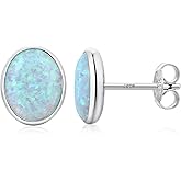 Jiahanzb Opal Stud Earrings for Women Men, 925 Sterling Silver Hypoallergenic Earrings, Round & Oval Bezel Set Created Opal, Multi-Color Jewelry Gift (White/Red/Blue/Green)