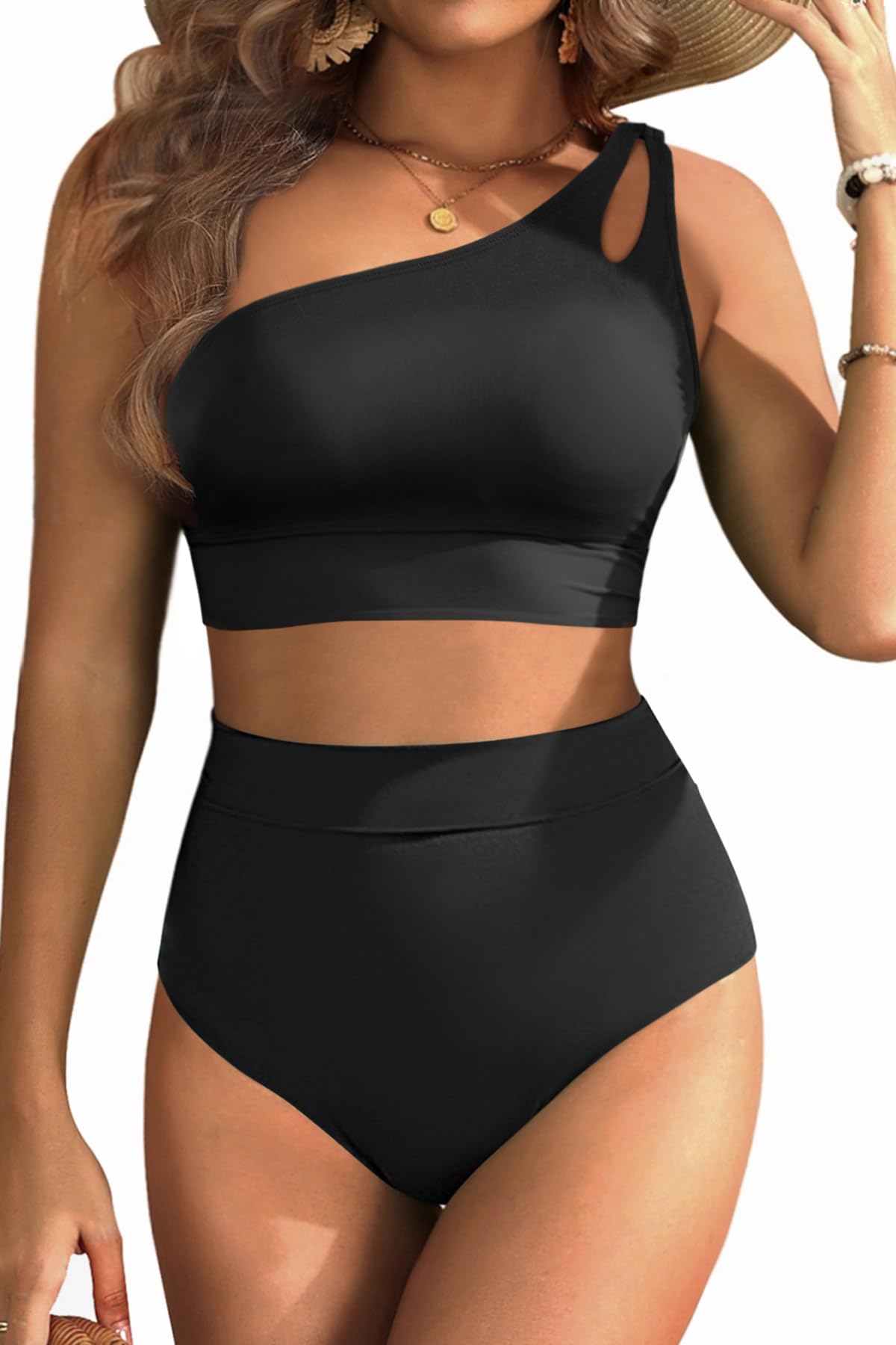 Photo 1 of Two Piece High Waisted Swimsuits for Women - One Shoulder Bikini Tummy Control Bathing Suit 2025 Full Coverage Swimwear Black Medium