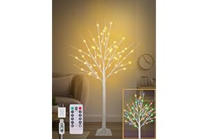 TIYIVIRI 4FT Lighted Birch Tree with 60 LEDs Warm White and Multicolor Lights, 8 Functions Remote Faux Light Up Twig Christmas Tree with Lights for Indoor Outdoor Xmas Holiday Party Decoration