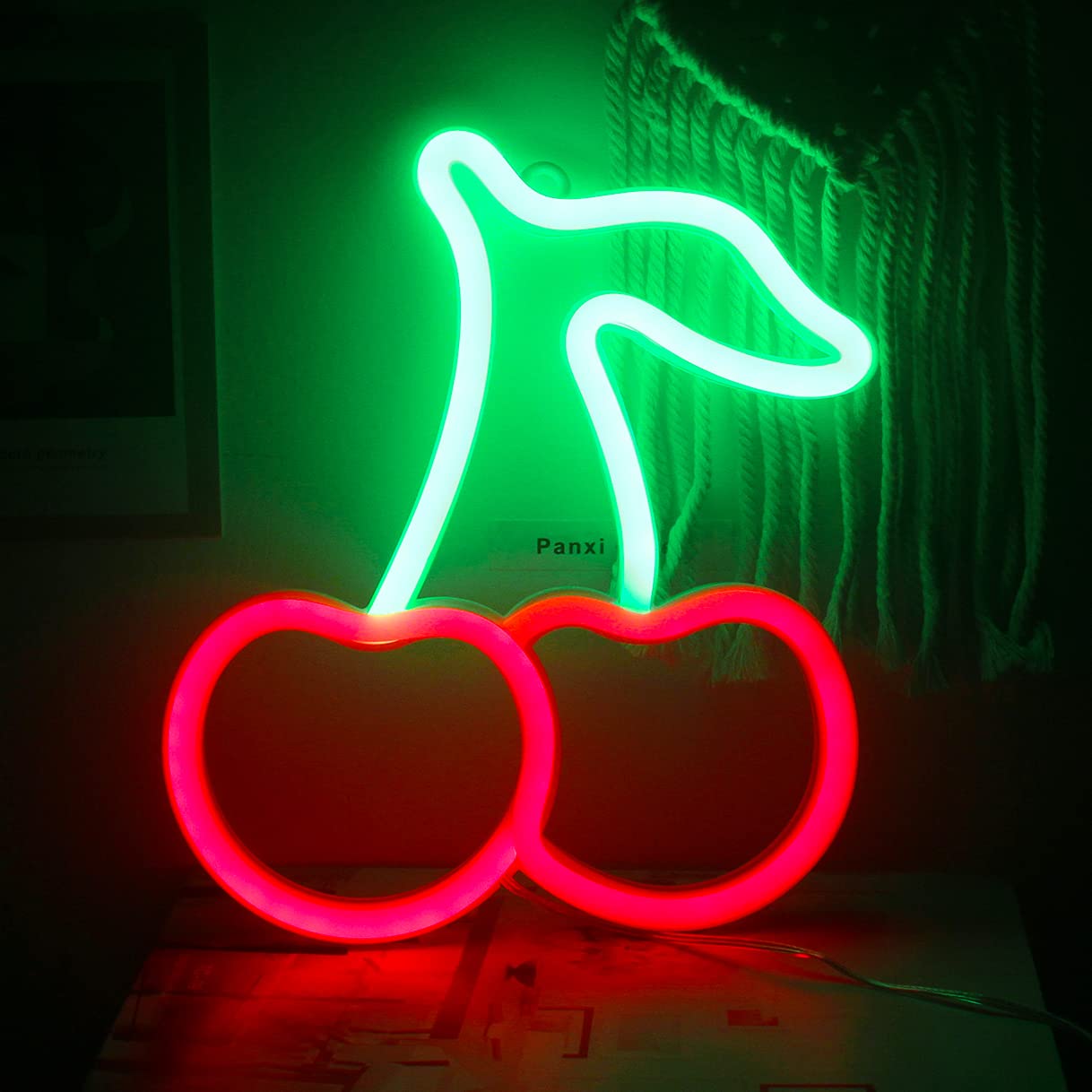 Ineonlife Cherry Neon Sign for Bedroom Neon Light Sign Red Green Led Light Wall Fruit Neon Lamp Sign for Kids Home Restaurant Dormitory Wall Decoration