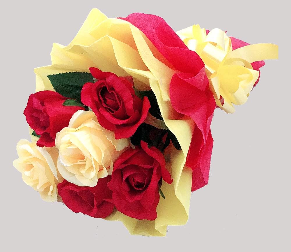 Just Flowers® Artificial Natural Looking Red & Yellow Roses Hand Bouquet (Total 6 Roses).
