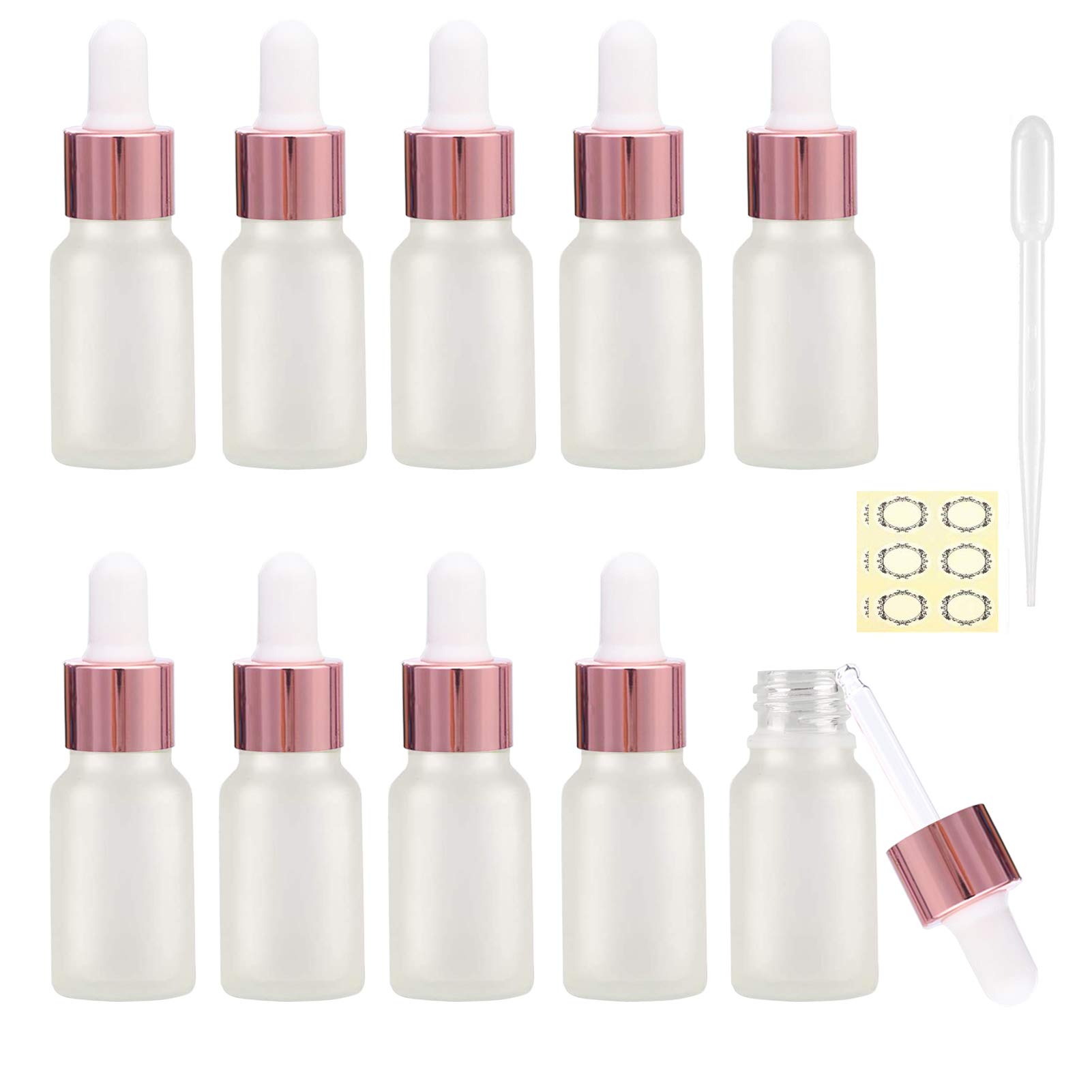 Alledomain 10Pcs, 5ml Frosted Glass Bottles with Dropper Pipettes, Mini Empty Dropper Bottles Rose Gold Metal Cap Refillable Sample Container for Essential Oil/Aromatherapy Blends/Chemical Liquid
