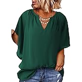 Eytino Womens Plus Size Tops Loose V Neck Bell Short Sleeve Casual Chiffon Blouses Pleated Flowy Shirts(1X-5X)