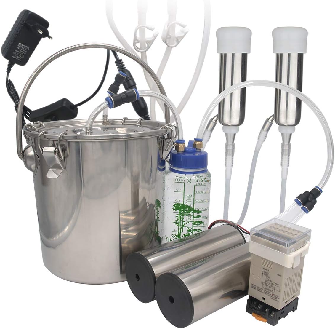 HANTOP Milking Machine for Cow, Portable Electric Cow Milker Milking Machine with 2 Teat Cups, Operating Time Setting Device, 6.5L Stainless Steel Milk Bucket, Food Grade Hose (for Cow 6.5L)