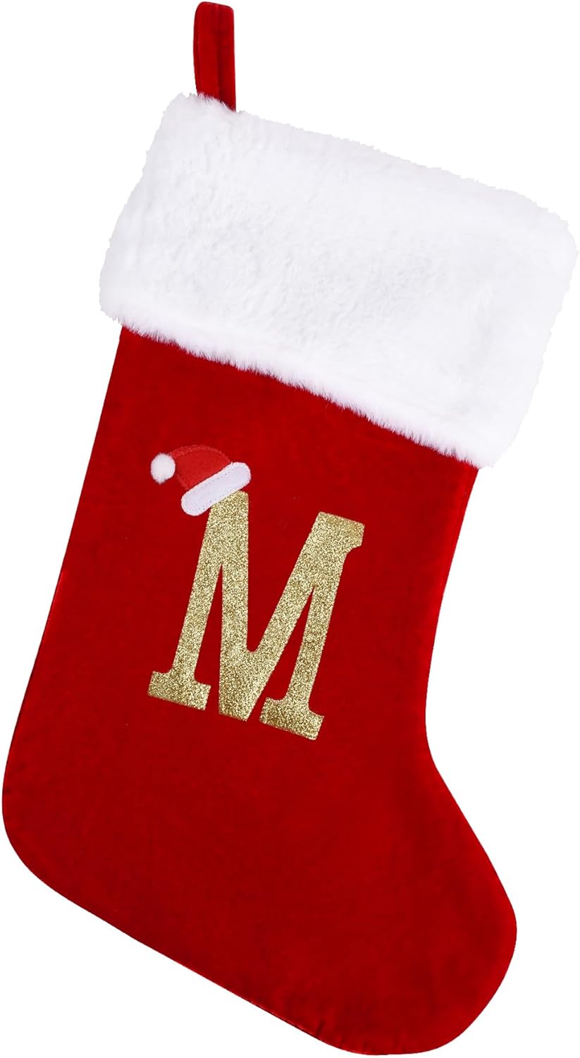 Stockings & Holders - 20 Inches Monogram Christmas Stockings with Letters, Large Super Soft Christmas Stockings Red Velvet with White Super Soft Plush Cuff for Christmas Xmas Tree Holiday Fireplace (M)