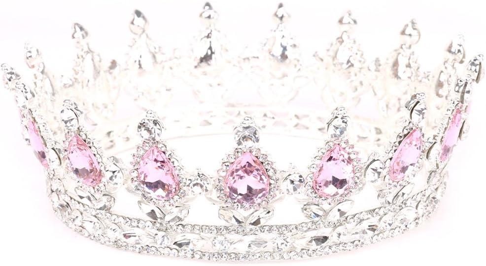 Gigory Retro Flower Big Rhinestone Full Crown Tiara Bridal Hair Tiara Wedding, Party, Holiday Crown Hair Jewelry For Women (Silver Pink)