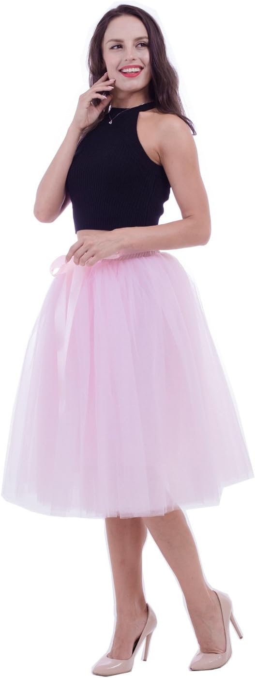 Women's Tulle Skirt 7 Layers Tutus for Women A Line Knee Length Petticoat Wedding Party Adult Midi Skirt