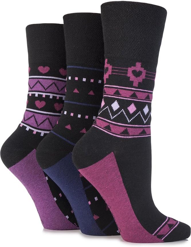 Gentle GripLadies 3 Pair Hermione Aztec and Heart Patterned Cotton Socks 4-8 Ladies Black
