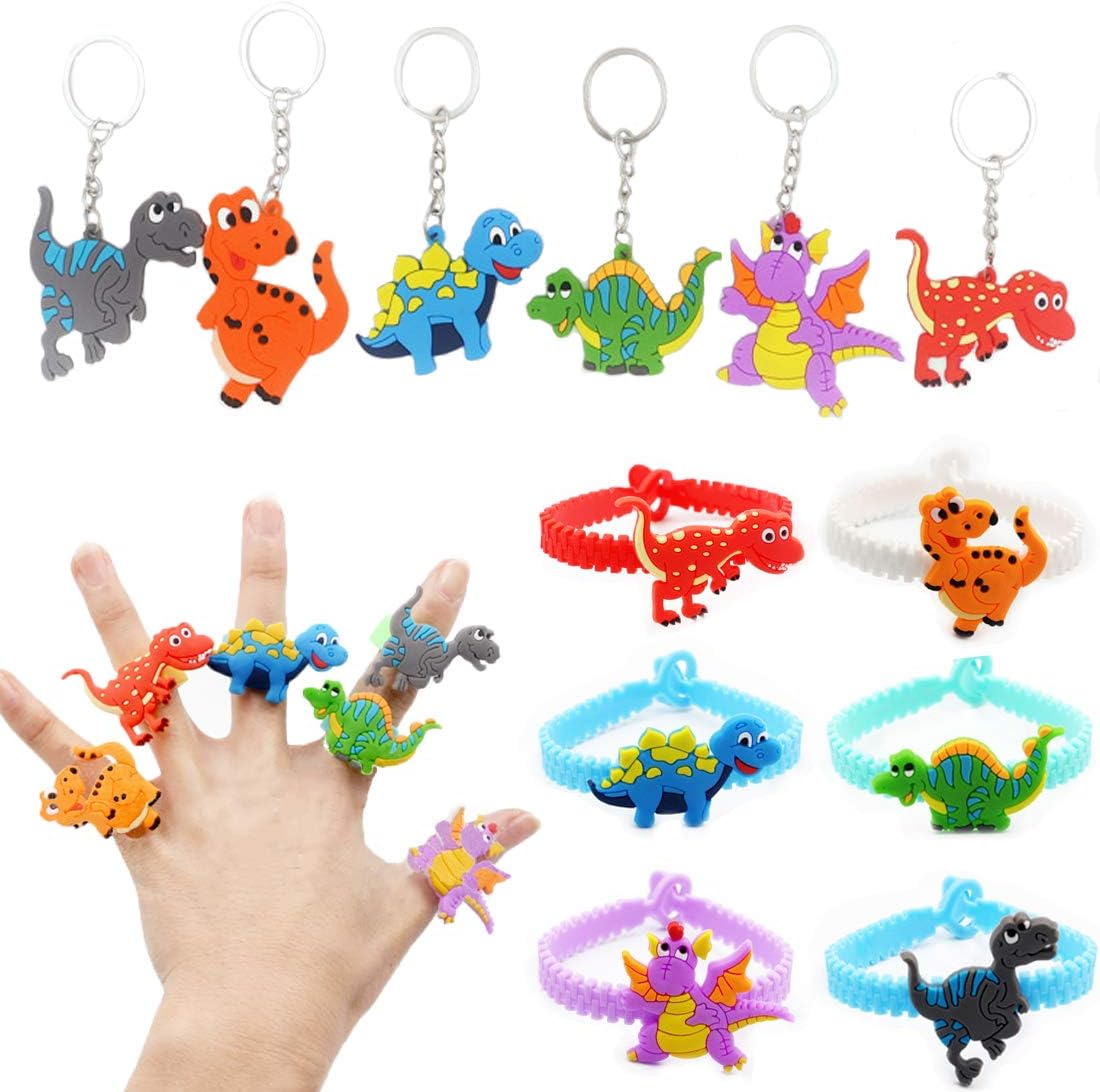 Pinata Fillers, Dinosaur Keychains Keyrings + Silicone Bracelets Wristbands + Rings 18Pcs for Kids Boys School Prizes Novelty Toys Birthday Gifts Goody Bag Fillers Ester Eggs | Dino Party Supplies