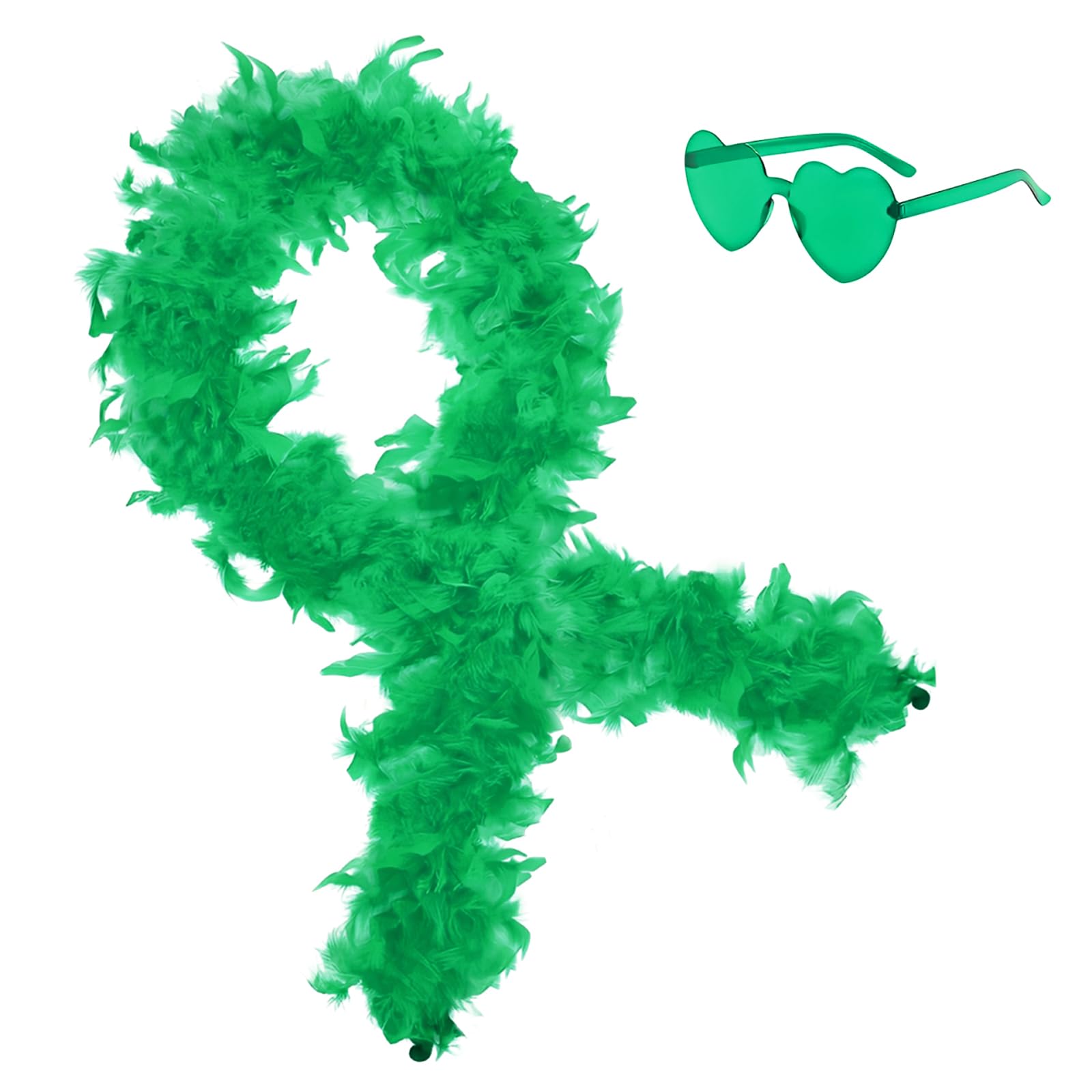2Pcs Colorful Fancy Dress Feather Boa Set, 6.6ft Feather Boa with Heart Rimless Sunglasses for Women, Artificial Fluffy Boa Decorations wit for Dancing Wedding Party Cosplay Halloween (Green)