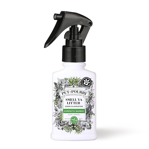 PET-POURRI SMELL YA LITTER CAT LITTER DEODORIZER SPRAY, PURRFECTLY BAMBOO 3.4 FL OZ, UP TO 170 USES, PET ODOR REMOVER WITH ESSENTIAL OILS FOR AIR, CARPET, URINE, VET RECOMMENDED, BERGAMOT BAMBOO SCENT