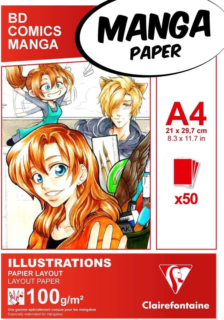 Clairefontaine - Ref 94042C - Manga Layout Paper For Colouring Glued Pad (50 Sheets) - A4 (297 x 210mm) Size, 100gsm Paper, White & Smooth, Ideal for Markers, Bleedproof