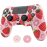 RALAN Pink Controller Skins for PS4,Fruit Silicone Controller Cover Skin Protector Compatible /PS4 Slim/PS4 Pro Controller with 2 Cute Thumb Grips Caps…