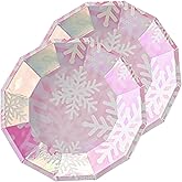 Dulousia Snowflake Plates, Disposable Glitter Iridescent Pink Paper Plates Dodecagon Snow Theme Girls Birthday Party Supplies, Wedding, Bridal Shower, Baby Shower, Mother’s Day, 9in 24ct