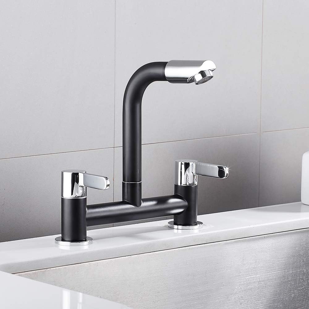 Ghopy Dual Lever Kitchen taps Mixers 2 Hole Deck Mounted Cold and Hot Mixer Tap Modern 360° Swivel Spout Brass Basin Black Faucet with UK Standard Fittings (Black) - Image 5