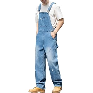 Rexcyril Men's Denim Bib Overalls Baggy Ripped Jean Jumpsuit | Distressed, Loose Fit, Fashion Casual Outfit, Overol Para Homb