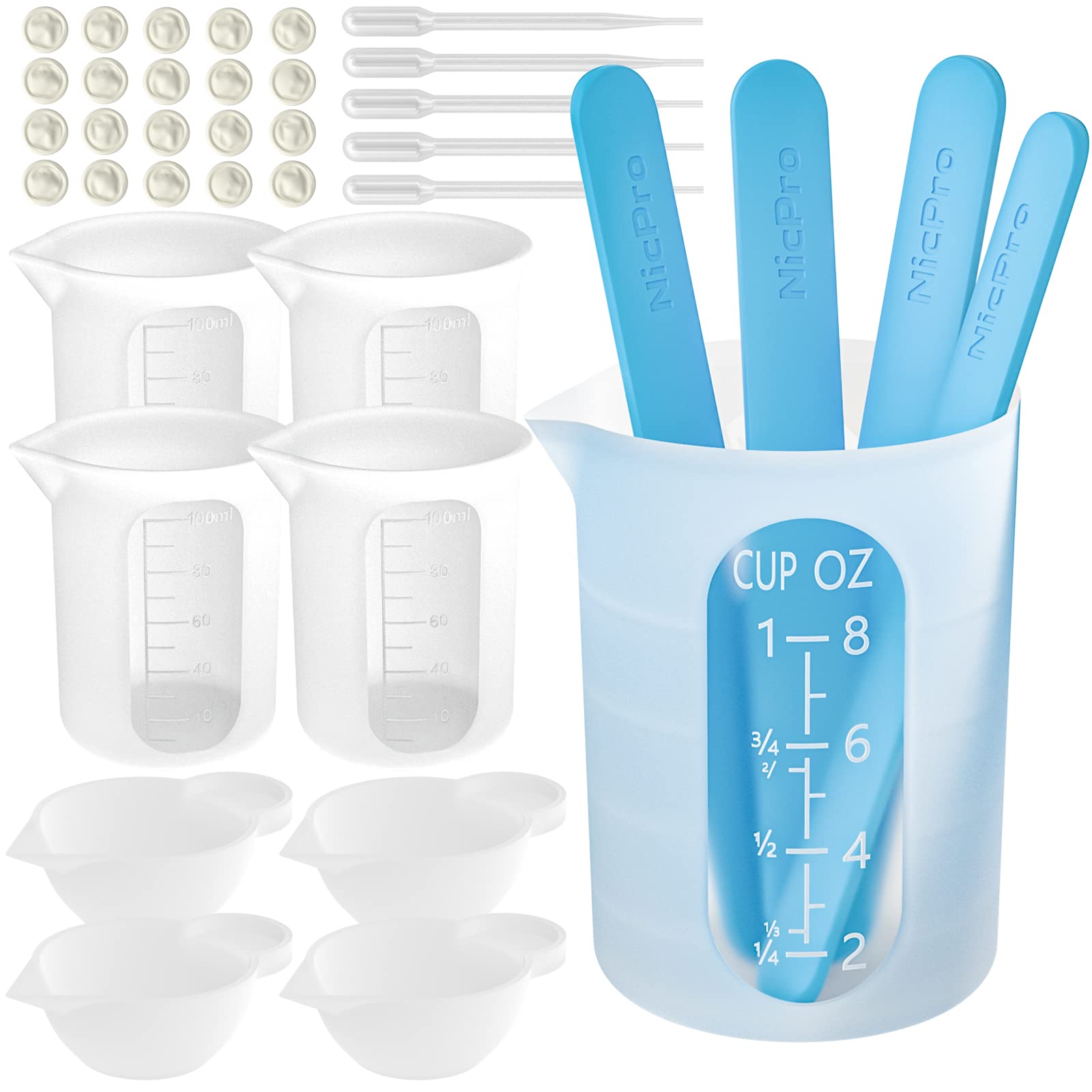 Photo 1 of Silicone Resin Measuring Cups Tool Kit- Nicpro 250 & 100 ml Measure Cups, Silicone Popsicle Stir Sticks, Pipettes, Finger Cots for Epoxy Resin Mixing, Molds, Jewelry Making, Waxing, Easy Clean