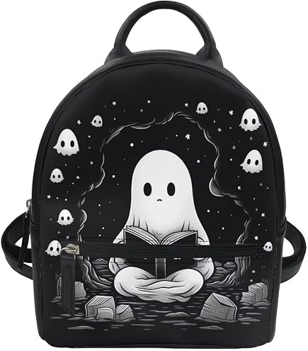 ZOUTAIRONG Halloween Cute Ghost Mini Backpack for Women Girls Purse Cartoon Skull Small Backpacks Leather Shoulder Bag Wallet Kids Back Pack College Daypack Travel Bag Black