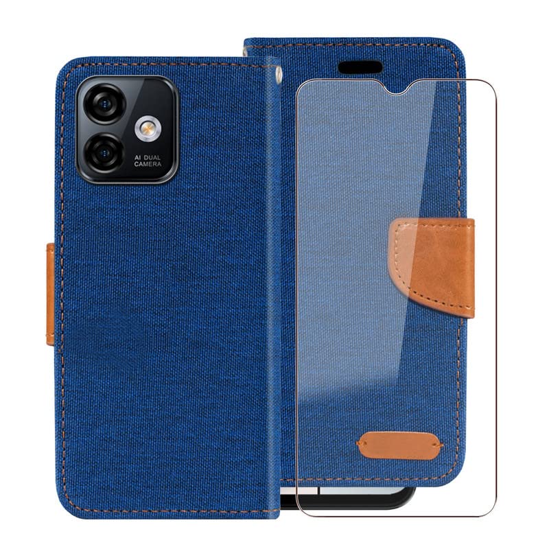 WIMSPEED Wallet Case for Ulefone Note 16 Pro (6.52") + Tempered Glass Screen Protector, Flip Folio Leather Cell Phone Cover with Credit Card Holder for Ulefone Note 16 Pro -Blue