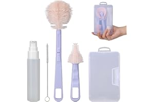 Baby Bottle Brush, VOOWO Portable Travel Bottle Cleaner Kit, Silicone Baby Bottle Cleaner Brush Set with Baby Bottle Brush for Cleaning, Nipple Brush, Straw Cleaner, Bottle Soap Dispenser (Purple)