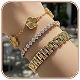 JAWOMATY 3PCS Gold Bracelet Set for Women – Tennis, Flower Clover, Love Knot & Watch Bracelet, 18K PVD Gold-Plated Stainless Steel, Non-Tarnish, Ideal Gift for Valentine’s Day or Christmas