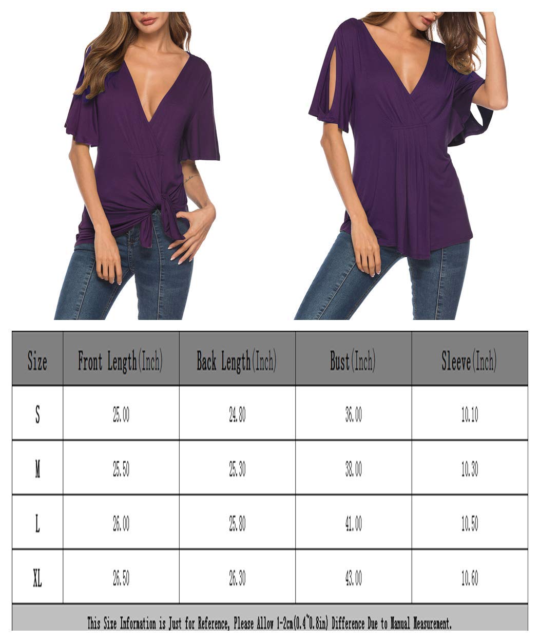 Eanklosco V Neck Shirts Womens Sexy Short Sleeve Cold Shoulder Tops Unique Ruffle Front Side Slit T Shirts (M, Purple)