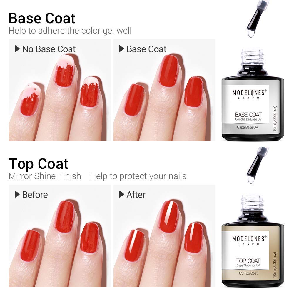 Modelones Gel Top and Base Coat, No Wipe Base and Top Coat, Base and Top Coat Gel Nail Polish, LED Soak Off Top and Base Coat Gel Nail Polish, New Upgraded Formula Gel Nail Polish, 2X10ml Long-Lasting Mirror Shiny Glossy Finish : Beauty