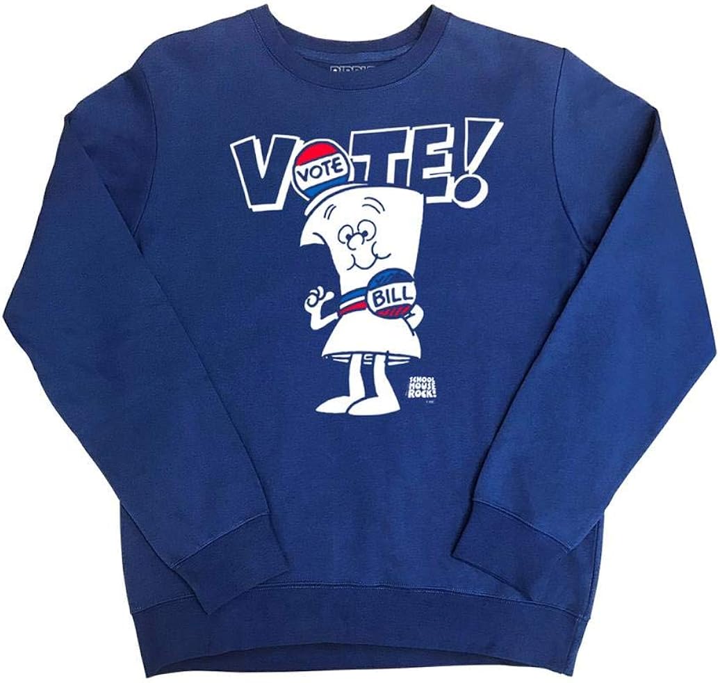 Ripple Junction Schoolhouse Rock Adult Unisex Vote with Bill Fleece Crew Sweatshirt: Clothing