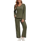 LEYSHE Lounge Sets for Women 2 Piece Ribbed Knit V Neck Long Sleeve Wide Leg Pants Loungewear Pajamas Fall Winter Outfits