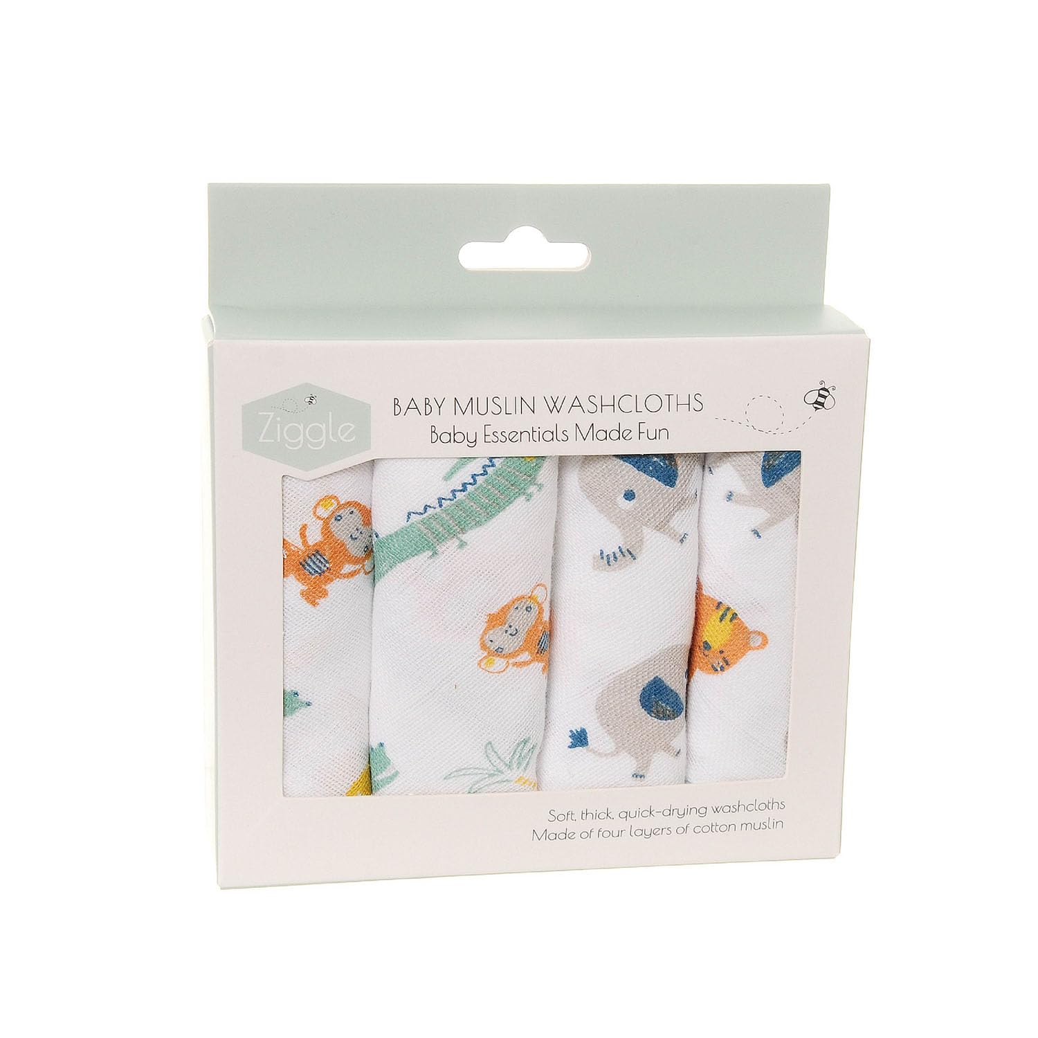 Ziggle Baby Wash Cloths 25x25 cm, 4 Muslin Cotton Reusable Face & Body Towels | Ultra-Soft Baby Wipes for Bathtime & Skincare – Newborn Essentials Gift Set