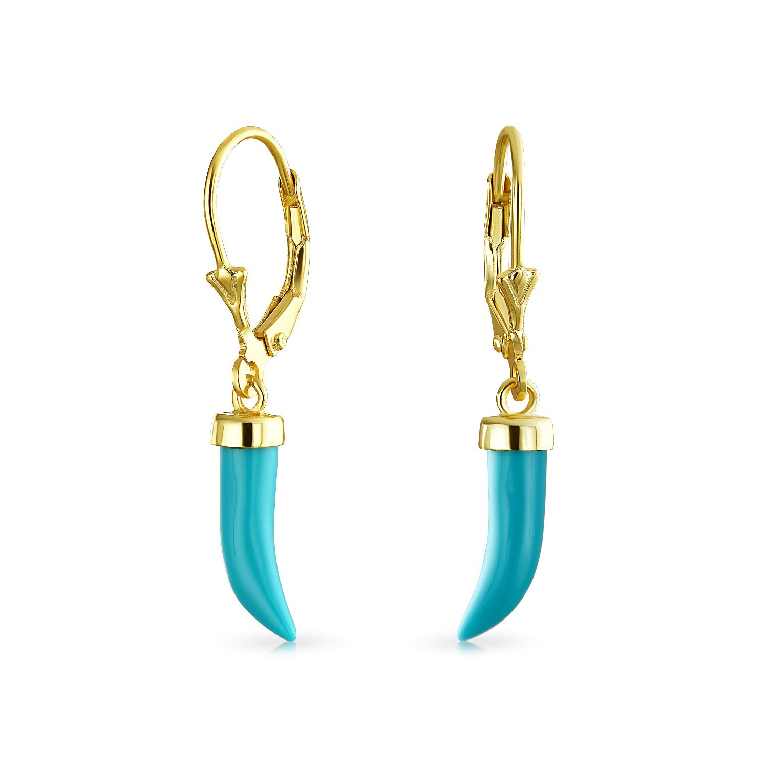 Italian Cornicello Chili Pepper Horn Lucky Tooth Amulet Blue Turquoise Lever Back Dangle Earrings Western jewelry For Women Gold Plated .925 Sterling Silver