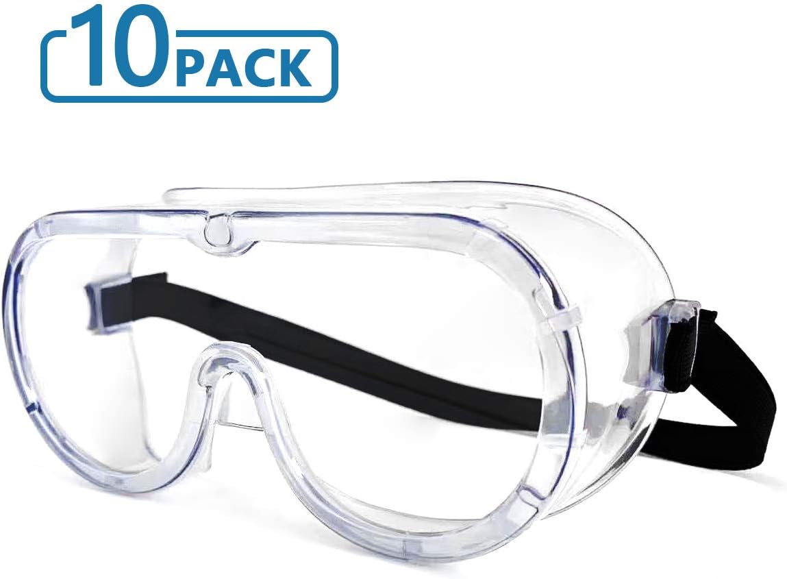 10 Pack Protective Safety Goggle DIY Wraparound Eye Sealed Goggle Glasses Clear Body Anti-Fog Coating Clear Lens Black Adjustable Strap Soft