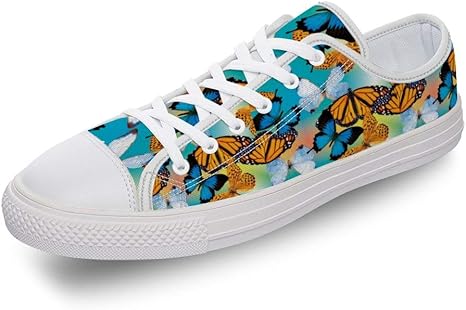 Amazon Co Jp スニーカー 青 黄色 蝶 ローカット レースアップシューズ キャンバス メンズ カジュアル 軽量 白底 デッキシューズ 滑り止め 通気 カジュアルシューズ 23 28 5cm ホーム キッチン