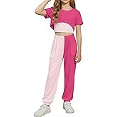 Arshiner Girls 3 Piece Set Short Sleeve High Low Hem Overlay Top & Cami with Sweatpants Kids Outfit 6-13 Years