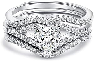 Uloveido 3pcs Set Womens Heart CZ Wedding Bands Engagement Ring Enhancer Adjustable Open Bridal Rings Platinum Plated