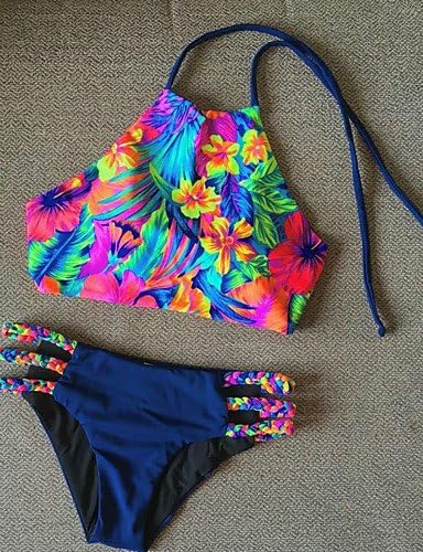 TongBao-sm Women's Sexy Halter Bikini Swimwear Lace Up Rainbow Print Nylon Multi-color , rainbow , m