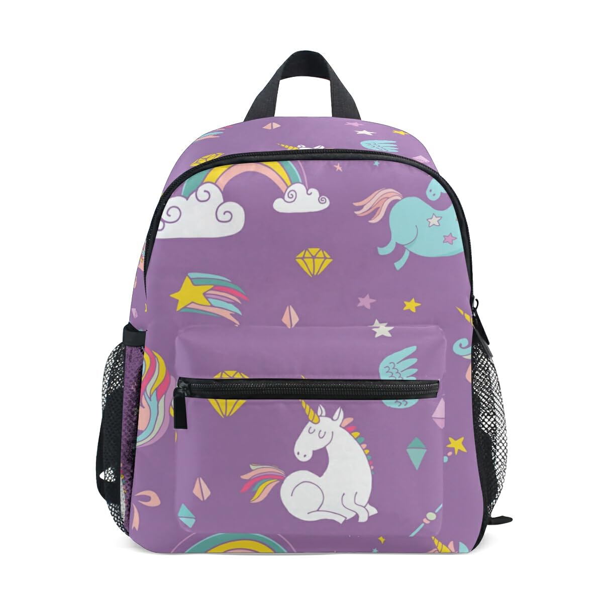 Kids School Backpack with Chest Strap,Cute Unicorn Rainbow and Diamond Purple Students Childrens Book Bag for Boys Girls